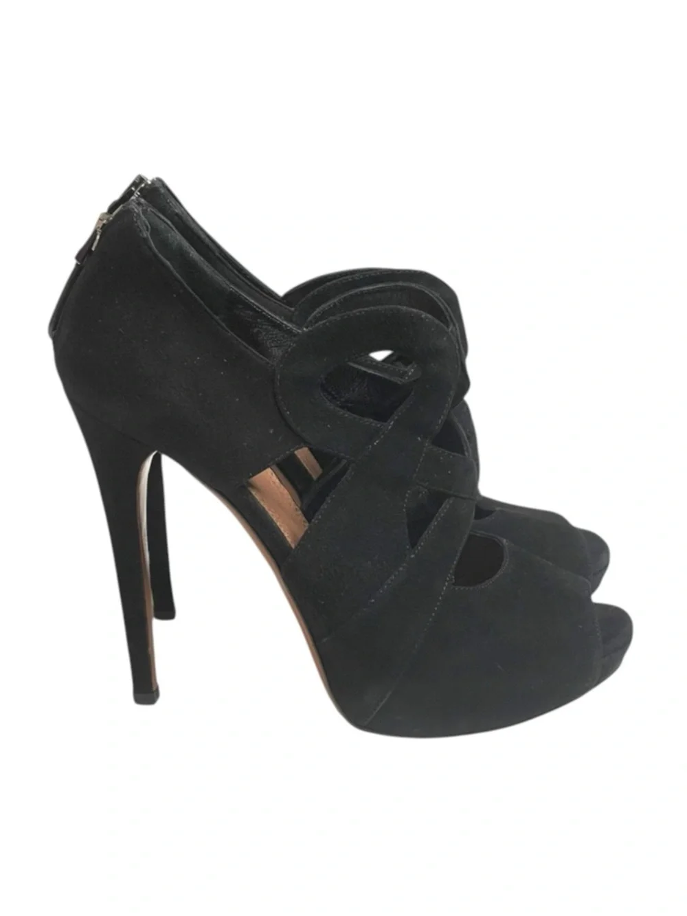 Alaia 𖦹 Cut Out Peep Toe Platform Stiletto Heel Sandals 𖦹 Black Suede 𖦹 37